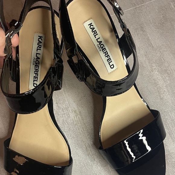 Karl Lagerfeld Patent Glossy Black Sandals High Heels- size 10M - Picture 6 of 13
